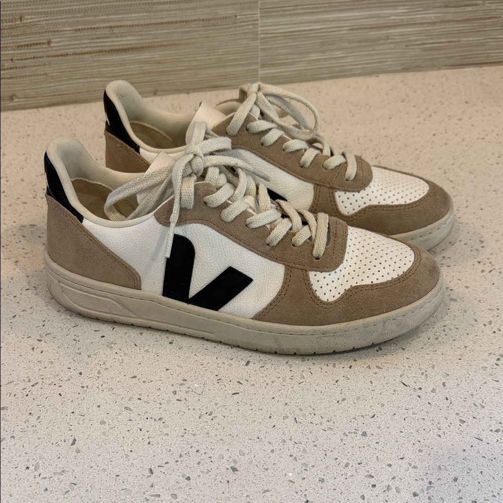 Veja White and Tan Sneakers